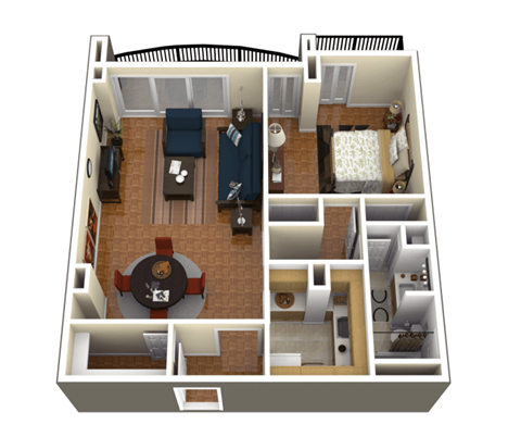 A 3D floor plan of a house with a kitchen, living room, and bedrooms.